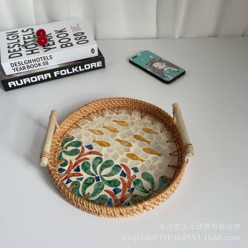 ベトナム籐編み貝殻トレー彩貝編みスナック収納バスケットお菓子スナックトレーフルーツパン茶皿|undefined