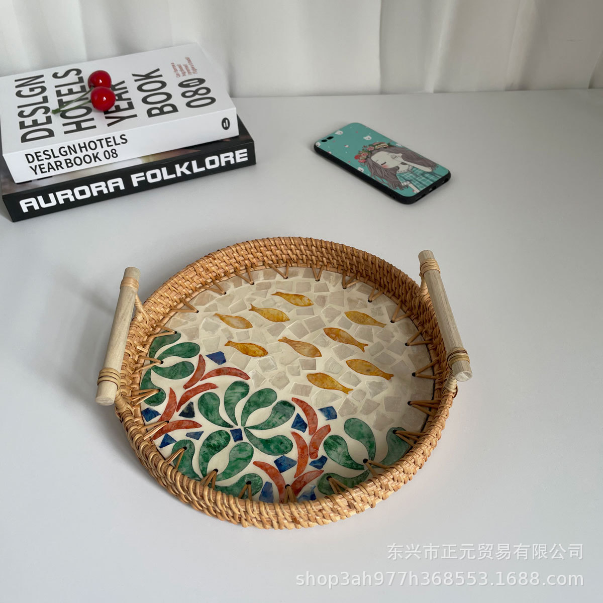 Vietnam ratán tejido Shell bandeja color Shell tejido merienda cesta de almacenamiento merienda bandeja fruta pan té bandeja