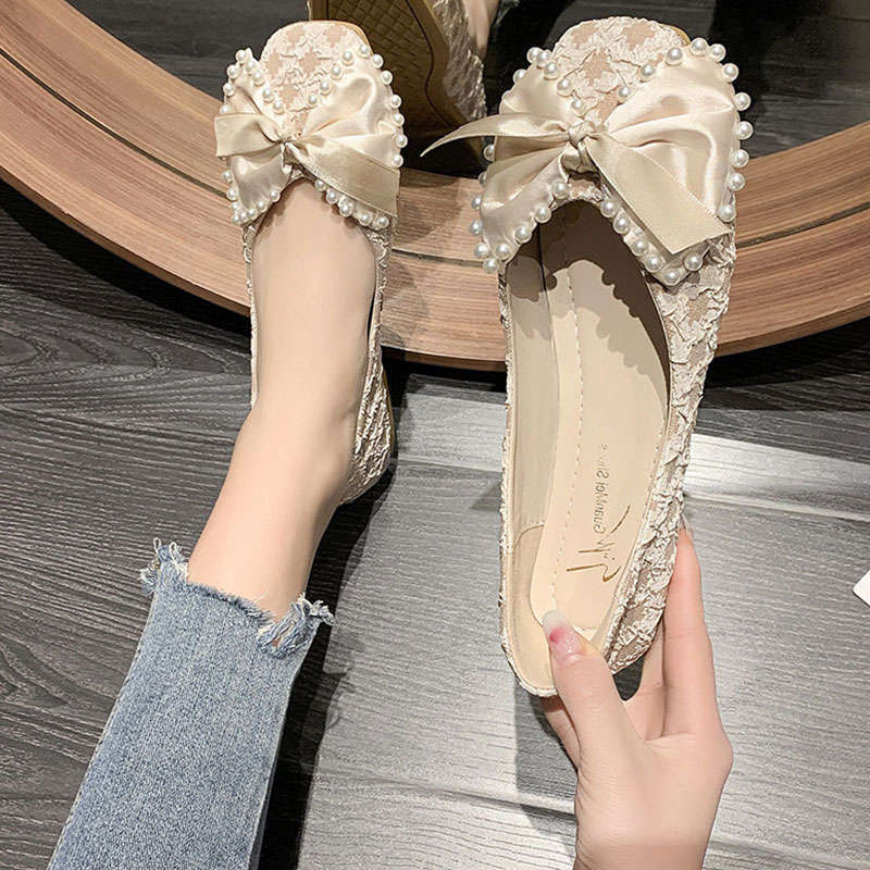 Versatile Slip-On Flat Loafers with Bow and Skirt, 2026 Spring/Summer New Style Shallow Pearl Flats for Women