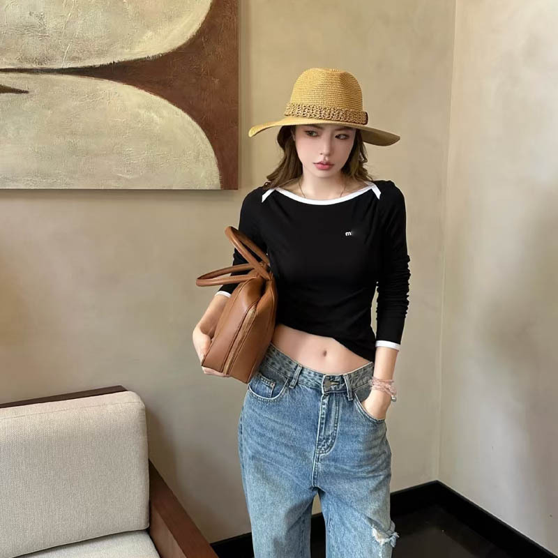 早秋新款胸前微标刺绣字母时尚百搭修身显瘦圆领长袖T恤女上衣女|undefined