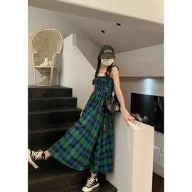 【原版做工】复古格纹绿色吊带裙女装夏高级感收腰绑带森系茶连衣