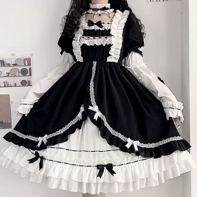 Съёмное платье Lolita OP (женское) — чёрно‑белый комплект с юбкой и украшением для волос, размеры S–XL