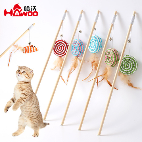 Cat Funny Stick Paper Rope Braided Feather Bell Pendant Solid Wood Funny Toy Wooden Pole Cat Fighting Stick Wholesale