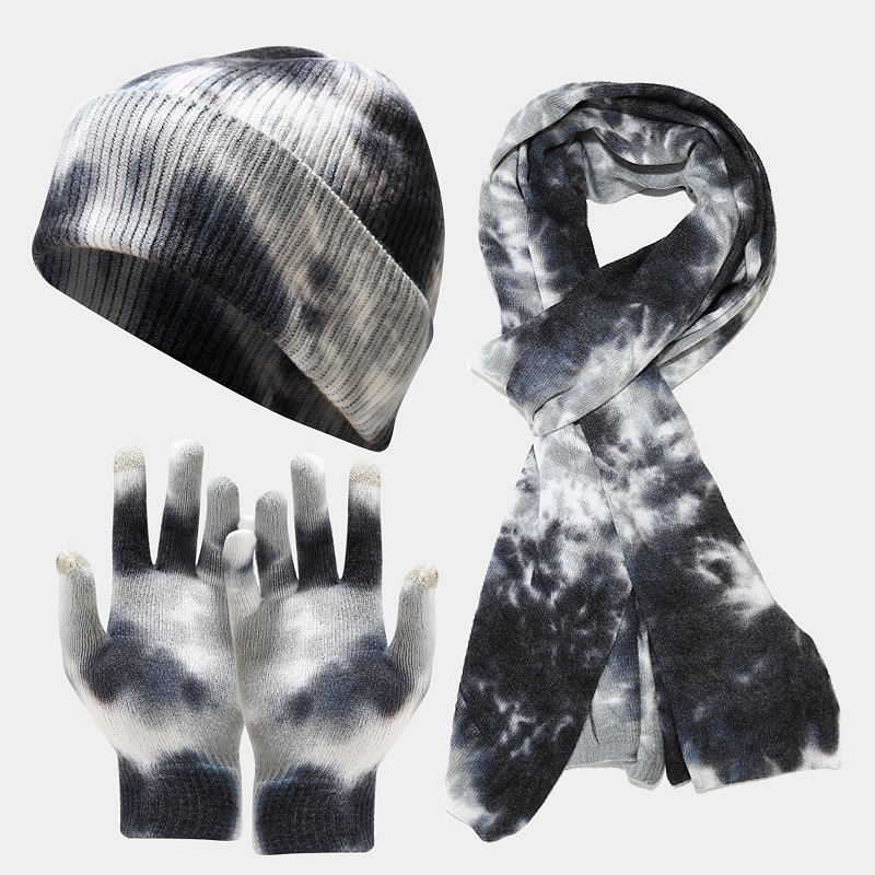 New Tie Dyed Knitted Glove Scarf Women's Autumn and Winter Outdoor Cold Protection Hat Three piece Set for Men_voghion.com