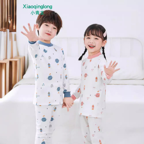 리틀 Qinglong 빗질 면 어린이 면 속옷 라운드 넥 가을 새로운 긴 소매 남성과 여성의 긴 가을 바지 세트 중간 및 큰 어린이