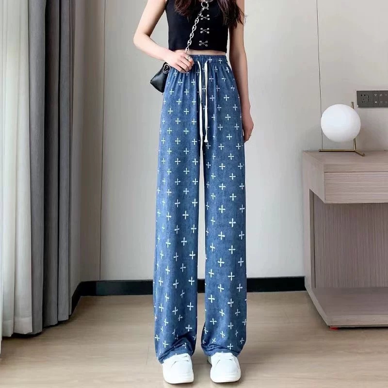 Pantalones anchos de mezclilla de seda de hielo Pantalones casuales delgados con estampado de seda de verano para mujer Pantalones de trapeador de cintura alta sueltos de cintura alta