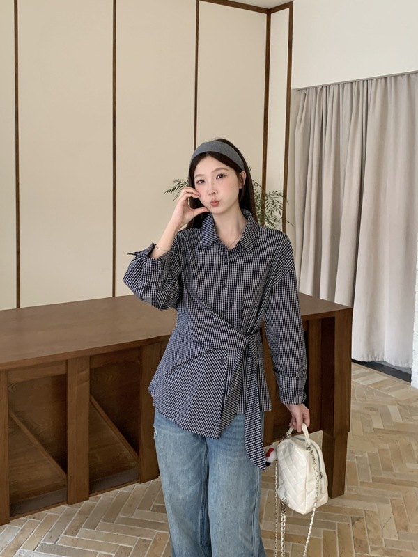 2025年大码女装秋季新款法式设计感绑带收腰不规则衬衫小众上衣|undefined