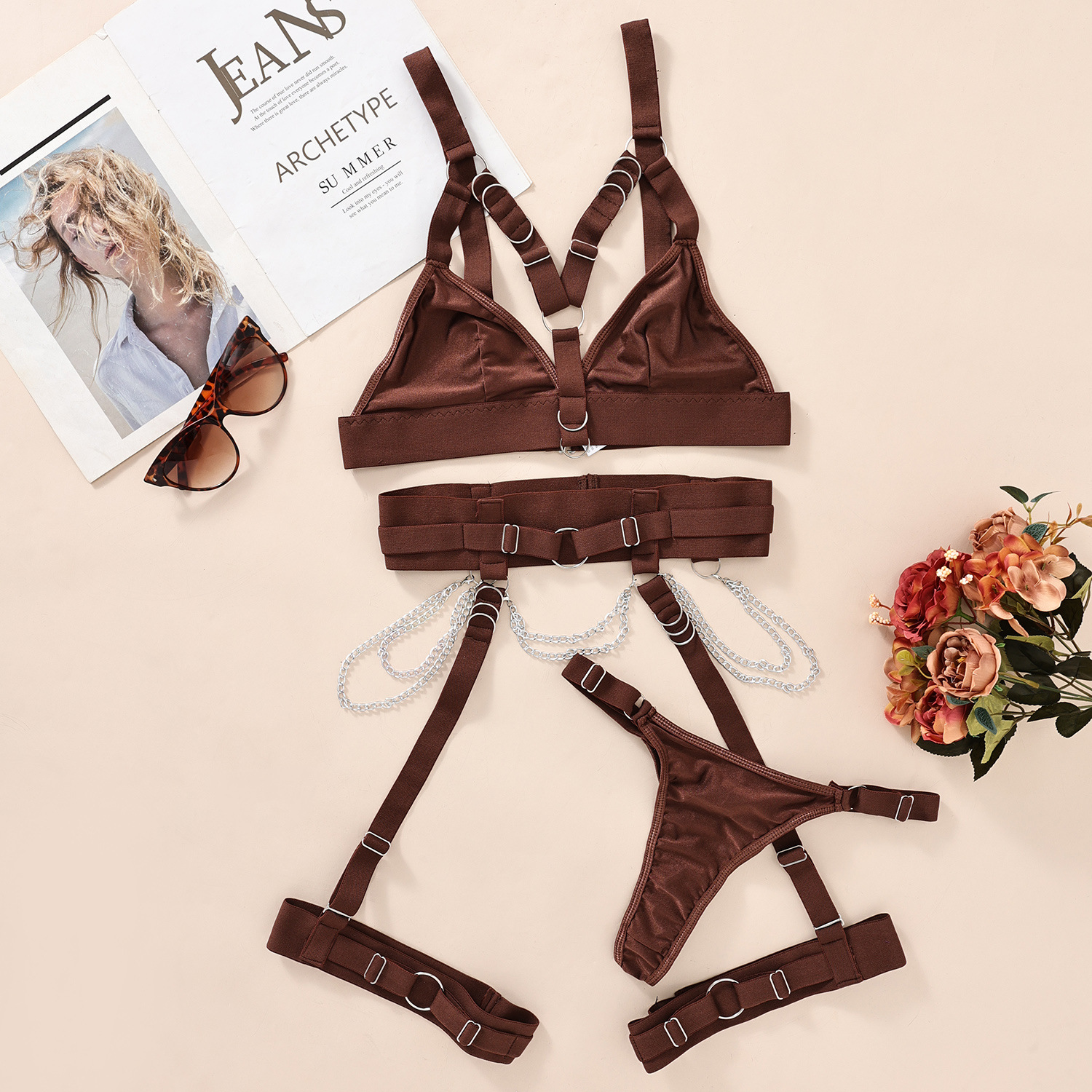 INS europeo y americano transfronterizo suministro sexy vinculante cintura sello pierna anillo ajustable sexy ropa interior de tres piezas traje femenino 23367