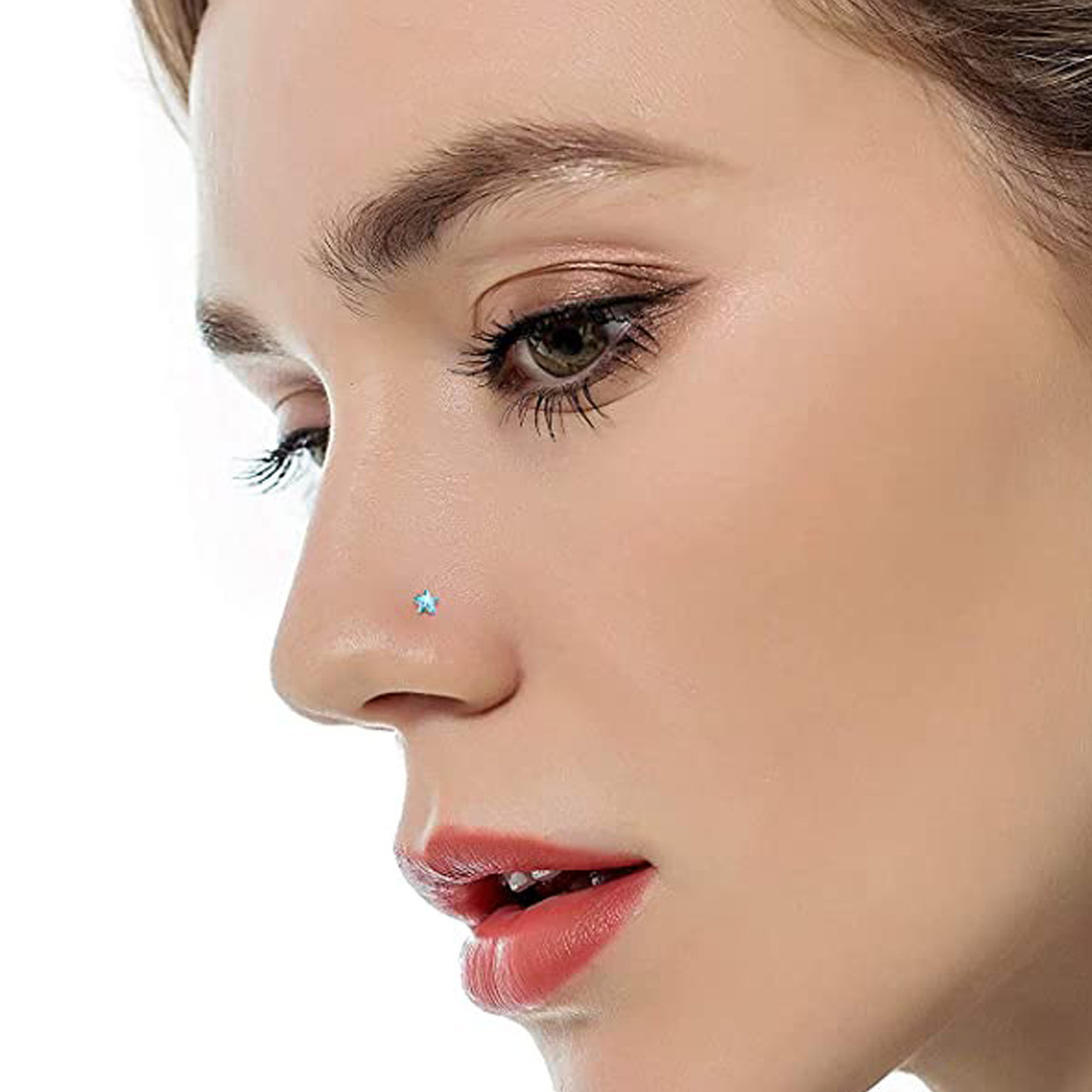 Titanium Steel Curved Stud Five-Pointed Star Square Heart L S Rod Ring Mini Inlaid Stone Girl Facial Nose Jewelry_voghion.com