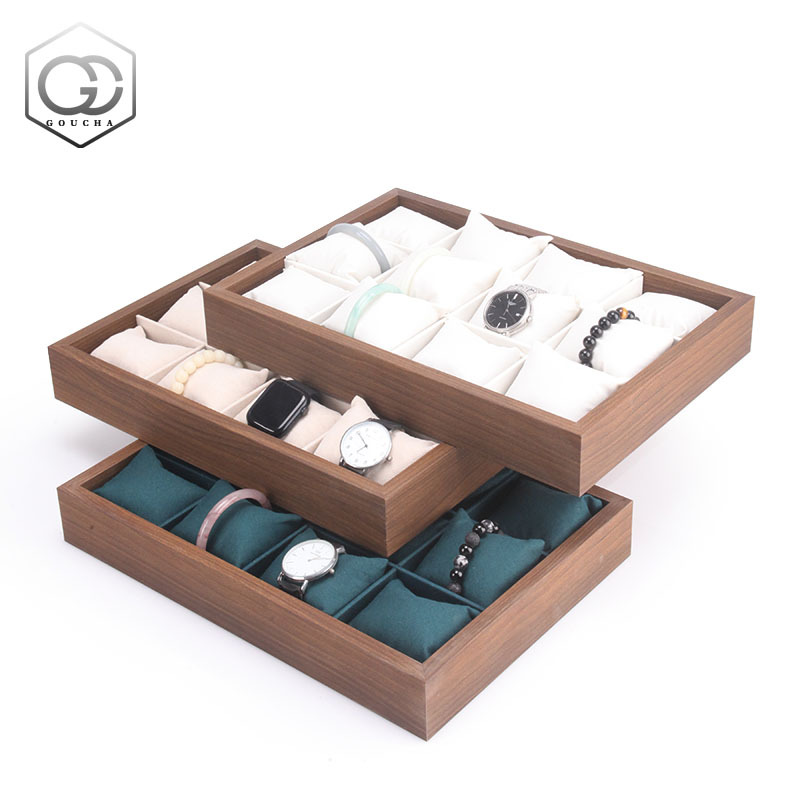 Black walnut wood grain 12 pillow plate watch bracelet necklace display box silk cotton small pillow jewelry props