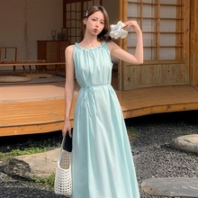 2025年夏季新款特色领口无袖系腰带休闲时尚长裙黄色浅绿蓝色其他