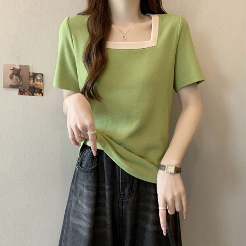 Cross-Border 92% Cotton Regular Shoulder Short-Sleeve T-Shirt for Women, Summer Square Neck Color-Blocking Plus-Size Loose Fit Tummy-Covering Top Cross-Border 92% Cotton Regular Shoulder Short-Sleeve T-Shirt for Women, Summer Square Neck Color-Blocking Plus-Size Loose Fit Tummy-Covering Top