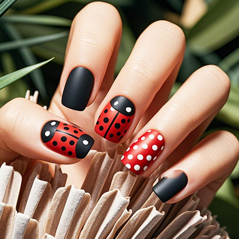 Cross-Border Hot Selling European and American Glossy Daily Creative Cute Big-Headed Polka Dot Ladybug Square Foreign Trade Wearable Manicure 24 Pieces