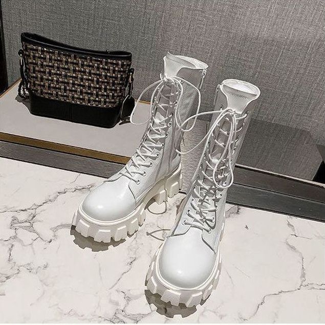 Round-Toe Versatile Martin Boots for Women 2025 Autumn and Winter New Thick-Soled British Style Side Zipper White Mid-Calf Boots Motorcycle Short Boots