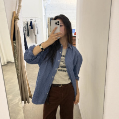 25缦恩韩东大门thebarn*et休闲宽松显瘦气质深蓝格子长袖衬衫女