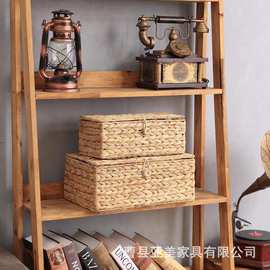 跨境葫芦草编织收纳篮带盖卧室内衣袜子储物筐长方形杂物篮零食盒