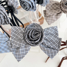 商场某豆家专柜款  韩国进口格纹立体玫瑰飘带抓夹布艺蝴蝶结发夹