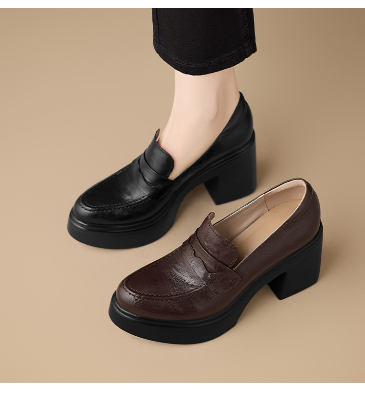 Giày cao gót nữ đế xuồng platform mũi tròn da cừu thật gót vuông 9 cm — màu nâu, màu đen chi tiết 12