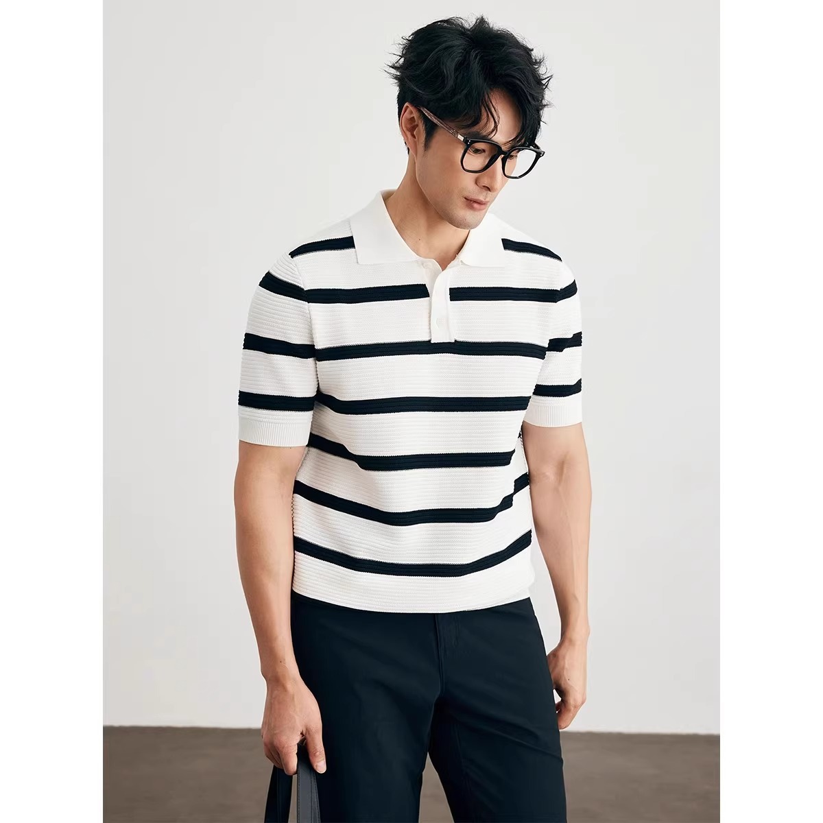 Polo Shirt Lapel Short-Sleeved Knitwear Men's Large Stripes Contrasting British Business Summer Ice Silk Export Cross-Border Wholesale