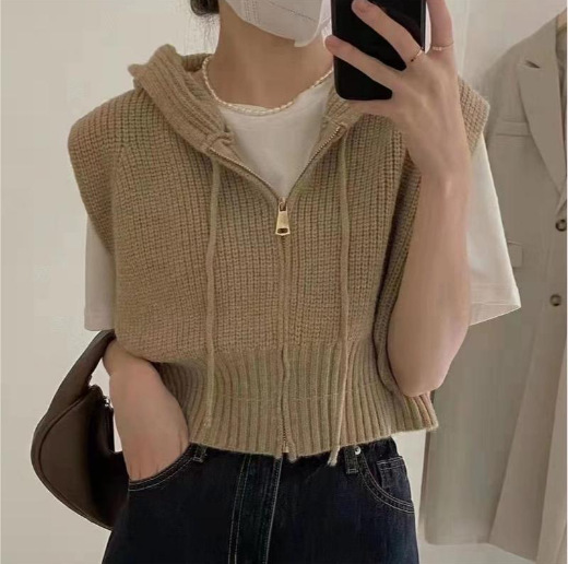 马甲女慵懒风连帽针织款设计感小众秋冬拉链开衫毛衣背心上衣