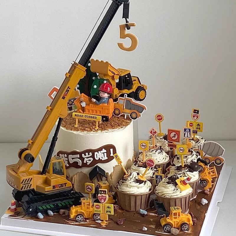 Celebridades de Internet decoración de pasteles de cumpleaños para niños decoración grúa excavadora camión de ingeniería grúa torre postre de cumpleaños accesorios de vasos de papel