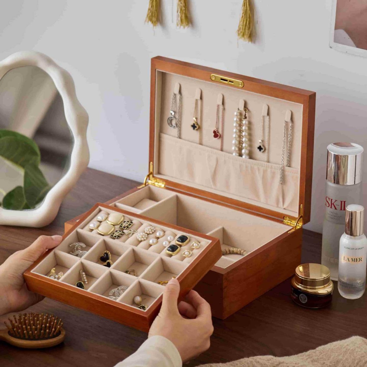 Wooden Jewelry Box Solid Wood with Lid Multi-Layer Earrings Earrings Necklace Box Jewelry Storage Box