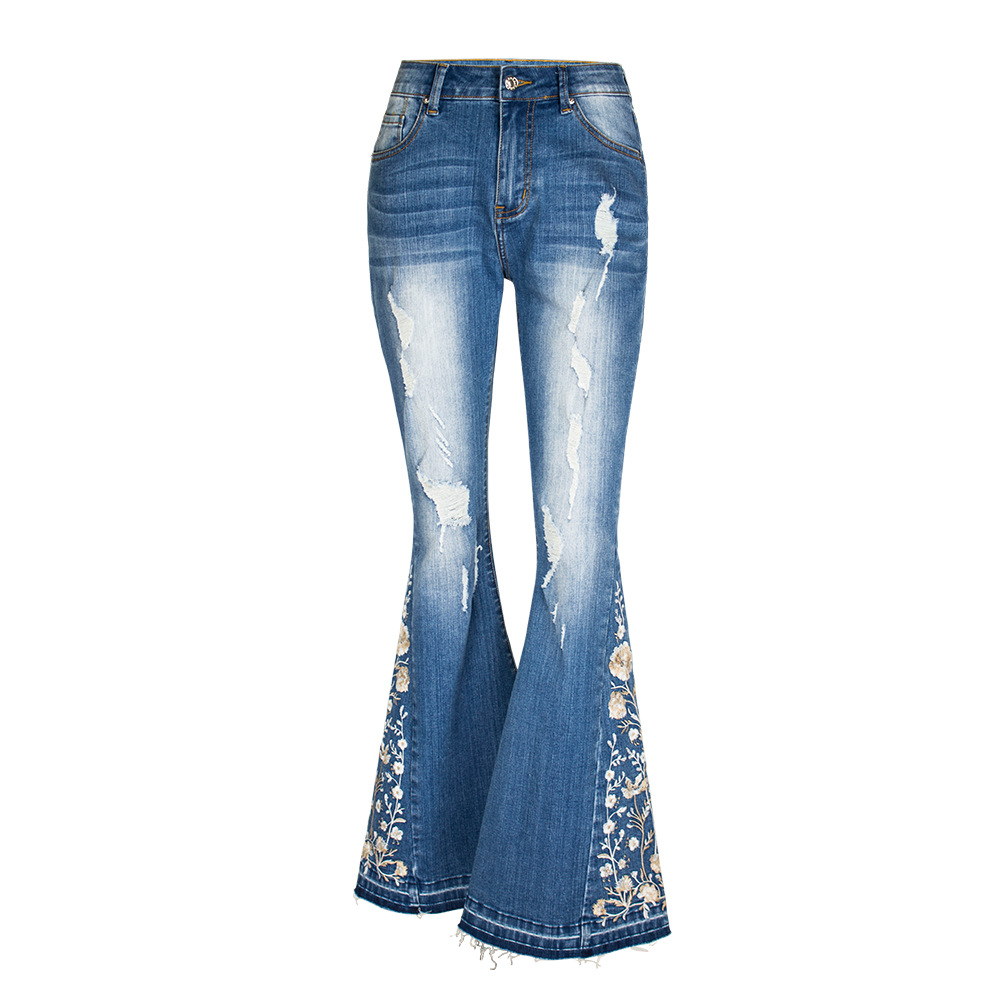 Women's Clothing three dimensional 3D embroidery women's jeans trousers flared pants_voghion.com