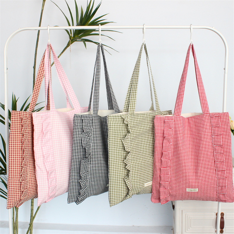 Fresh and Simple Plaid Lace Shoulder Bag, Versatile Mori-Style Canvas Bag for Girls, Large-Capacity Tote Bag for Daily Commuting, Trendy Fresh and Simple Plaid Lace Shoulder Bag, Versatile Mori-Style Canvas Bag for Girls, Large-Capacity Tote Bag for Daily Commuting, Trendy