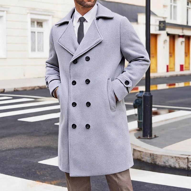 Amazon's Best Selling Autumn and Winter Cross-Border European and American Men's Windbreaker Woolen Outwear Men's Double-Breasted Mid-Length Woolen Outwear