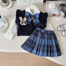 2025年春季新品女童兔子警官JK套装小女孩学院风针织三件套67562