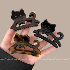 豹纹猫咪小号抓夹女发量少后脑勺发夹半扎发高级感气质小众鲨鱼夹