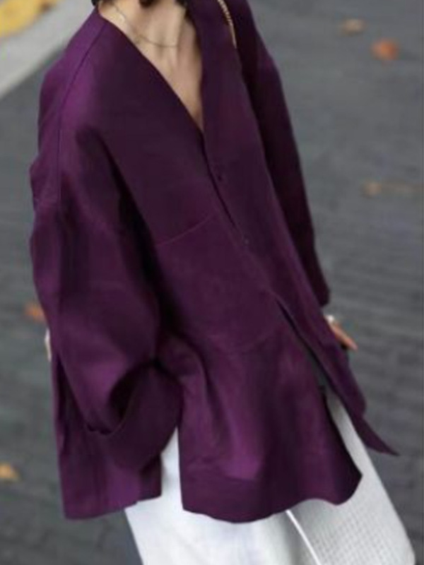 独特漂亮初秋上衣女2025新款气质设计感超火减龄紫色亚麻防晒衬衫|undefined