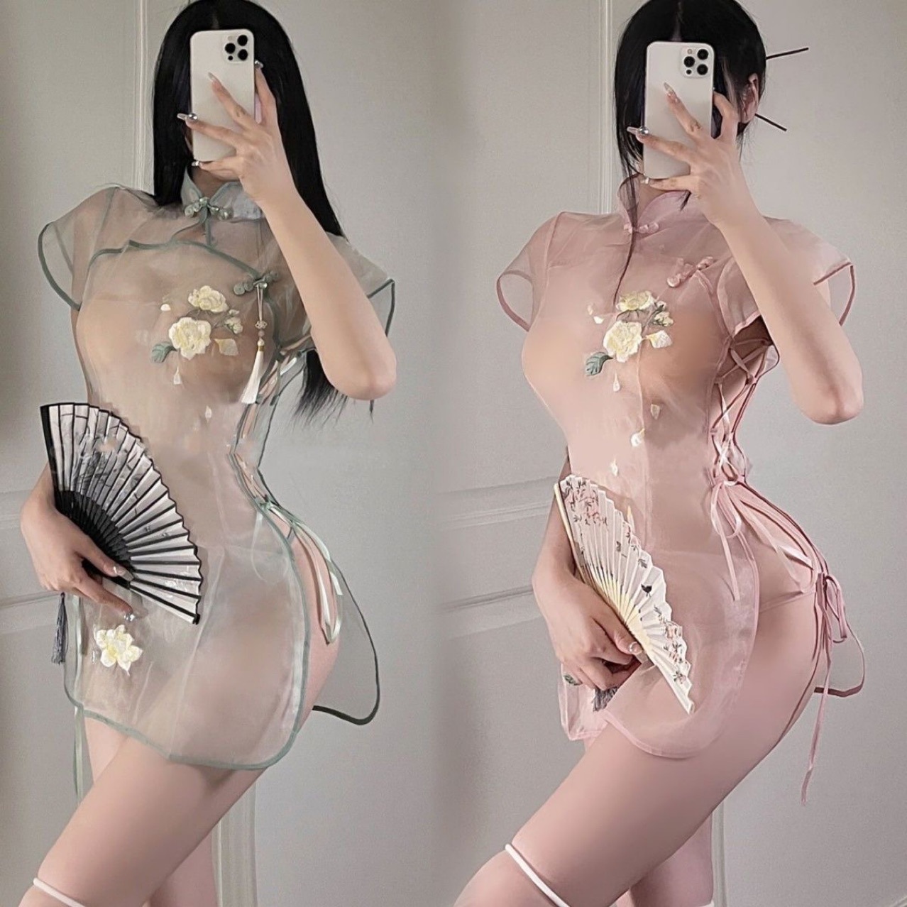 Sweet Cut Out Transparent Ice Silk High Slit Cheongsam Skirt with Rose Embroidery — detail image 1