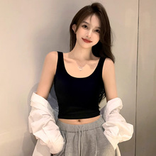 纯棉黑双U领吊带背心女短款内搭春秋外穿紧身打底露脐无袖t恤上衣