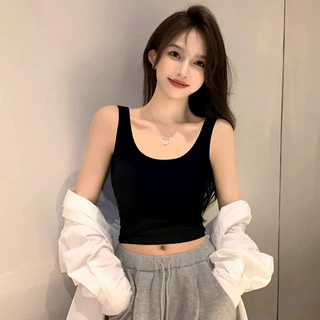 纯棉黑双U领吊带背心女短款内搭春秋外穿紧身打底露脐无袖t恤上衣