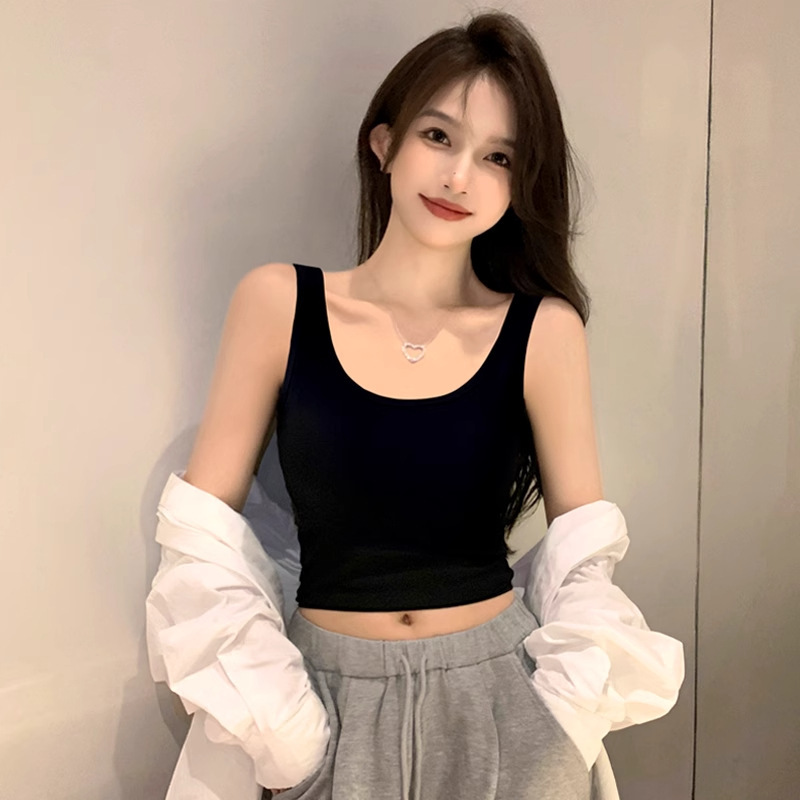 Pure Cotton Black Double U-Collar Camisole Women's Short Inner Wearing Spring and Autumn Outer Wearing Tight Bottoming Navel Sleeveless T-shirt Top Pure Cotton Black Double U-Collar Camisole Women's Short Inner Wearing Spring and Autumn Outer Wearing Tight Bottoming Navel Sleeveless T-shirt Top