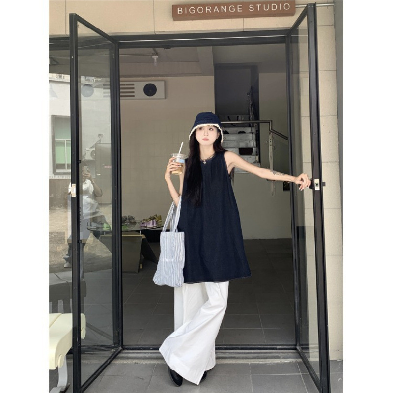 Autumn New Casual Suit Sleeveless Round Neck Loose Dress Women's Summer High Waist Straight Wide Leg Pants Two