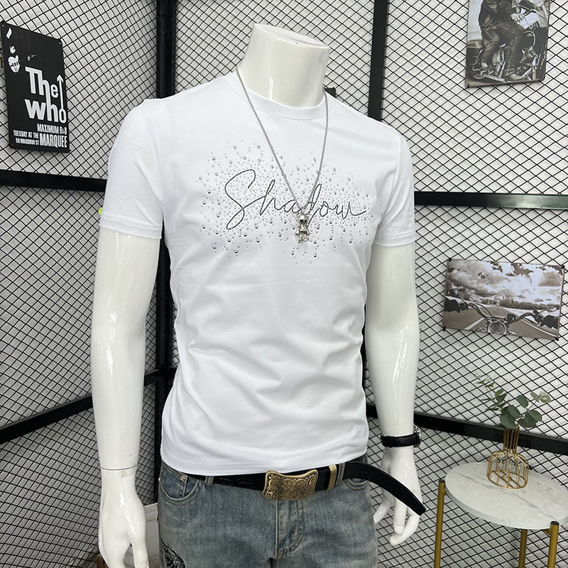 Men's Slim Fit Short Sleeve T-Shirt Heavy Duty Rhinestone And Letter Crew Neck Fashion Top New Arrival Summer_viptrois.com