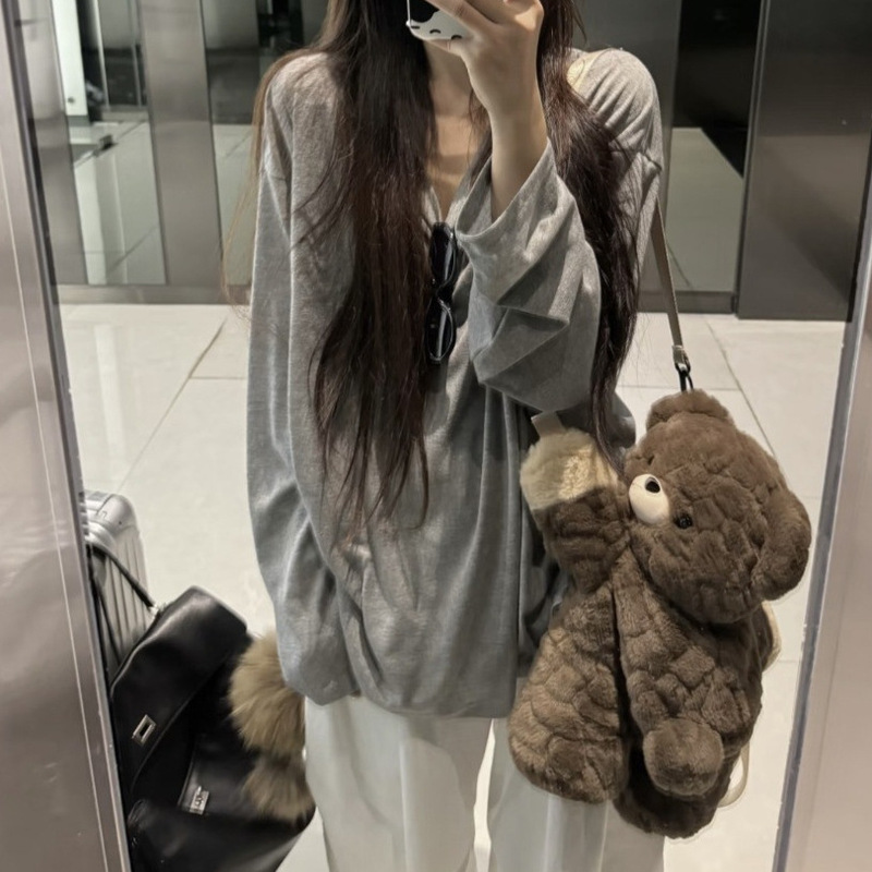 [Hot-Selling Item in Stock] Loose Deep V Neck Boyfriend Style Lazy Loose T-Shirt Simple and Slimming Look Blue Black White