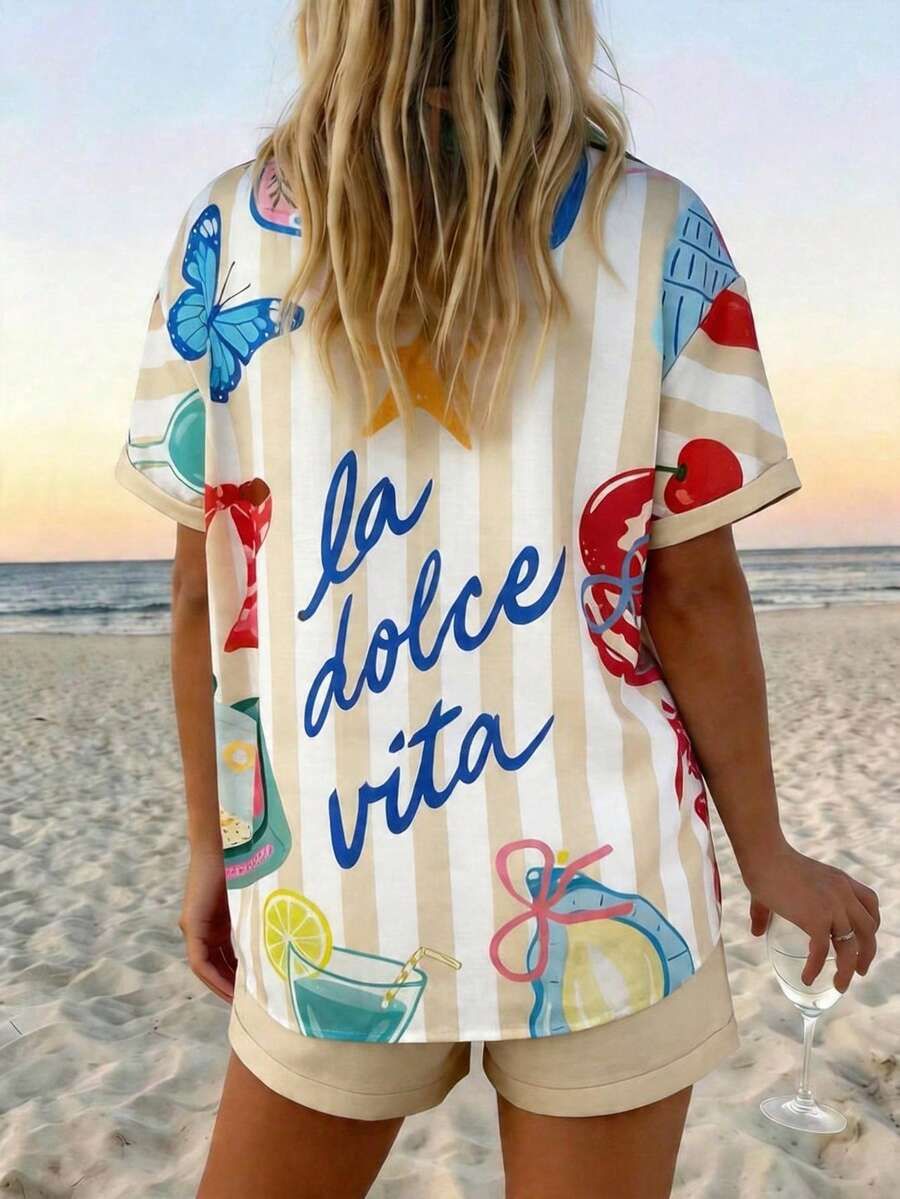 Conjunto de camisa e calções em linho floral para mulher_voghion.com