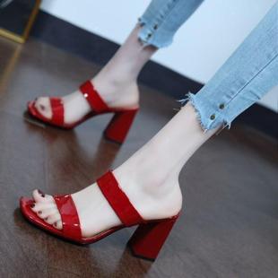 Versatile Square-Toe Chunky Heel Sandals for Women Fashion Patent Leather High Heels Outdoor Wear 2025 Summer New Style Women's Slide Sandals