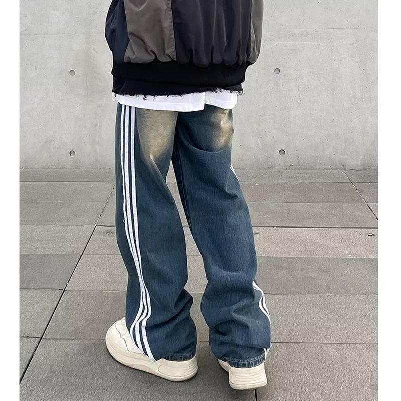 Jeans anchos de mezclilla para hombre, estilo vintage americano lavado, corte recto y suelto