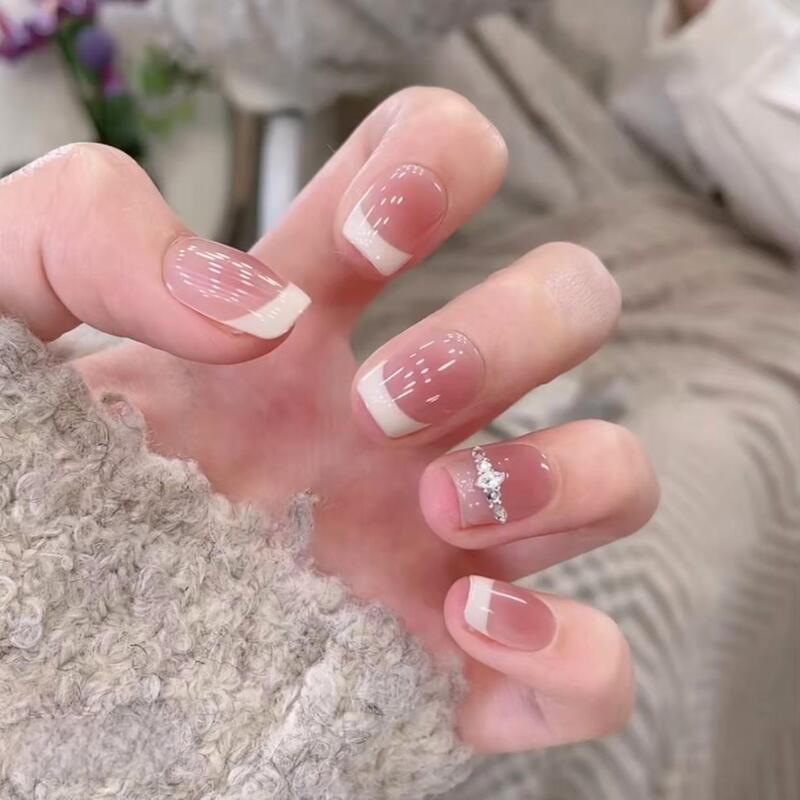【White French Style】Diamond-Studded Mixed Nude Color Gentle French-Style Handmade Short Press-On Nails That Enhance Complexion and Create a Stylish Look 【White French Style】Diamond-Studded Mixed Nude Color Gentle French-Style Handmade Short Press-On Nails That Enhance Complexion and Create a Stylish Look