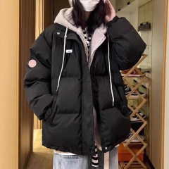 假两件羽绒服女冬季2025新款韩系宽松冬装羊羔毛外套女款加绒加厚