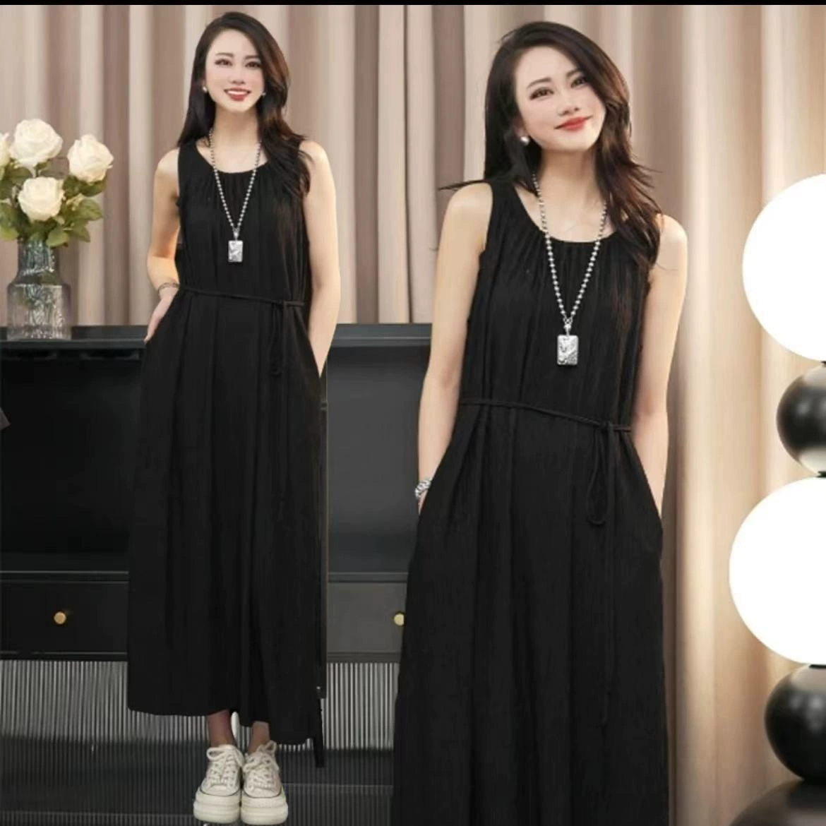 Платье A-образной юбки французской богини с шеей среднего и длинного высокого уровня темперамент тонкий без рукавов