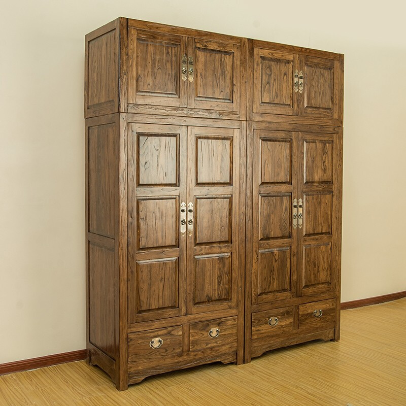 New Chinese Style Old Elm Wardrobe Home Solid Wood Combination Wardrobe All Solid Wood Large Wardrobe Bedroom Storage Hanging Wardrobe