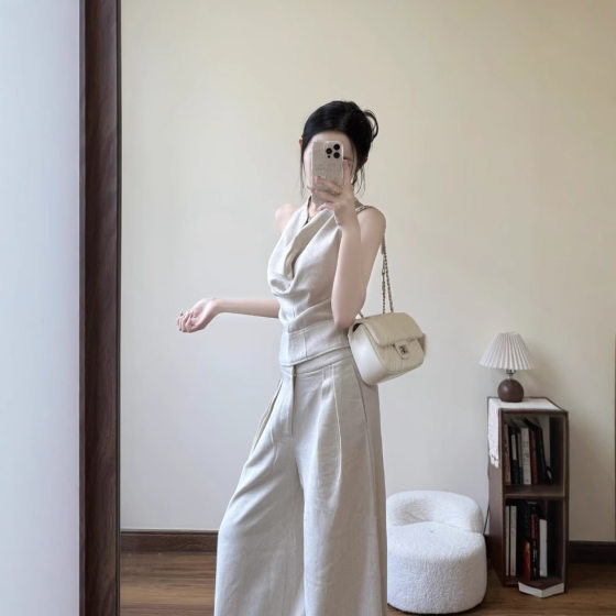French Style Wear Two-piece Elegant High-end Neck Open-shoulder Jumpsuit Women's Sleeveless Waist Slimming Wide-leg Pants