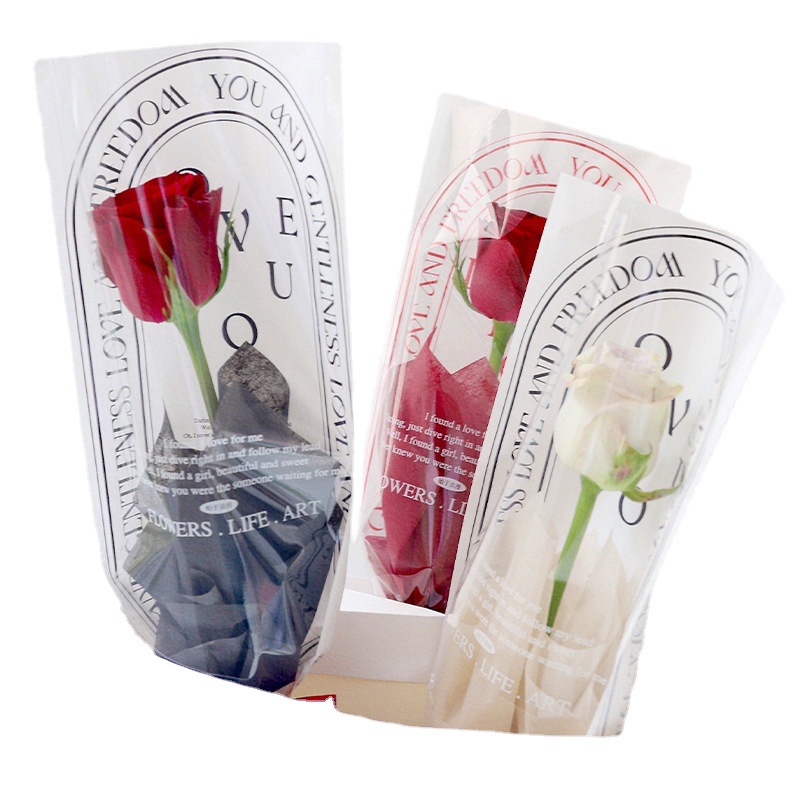 Inglés opp bolsa de flores bolsa de flores al por mayor bolsa de flores del día de San Valentín material de flores bolsa de embalaje de ramo único recubierto de película impermeable