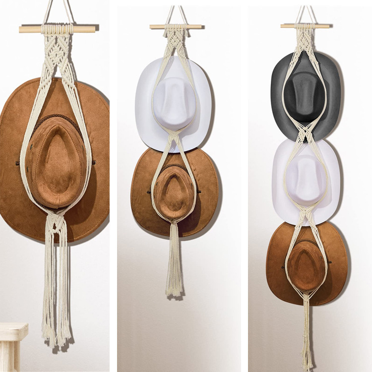 Cuerda de algodón bohemia tejido sombrero estante de almacenamiento múltiples capas pared colgante clip colgante sombrero decoración de borla