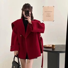 新年红战袍新款韩版双面羊绒大衣女高级感短款海军领百搭毛呢外套